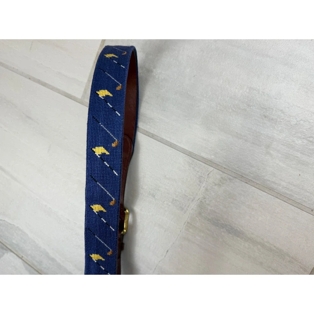 Smathers & Branson Mens Needlepoint Golf Belt Navy Blue Leather Size 36